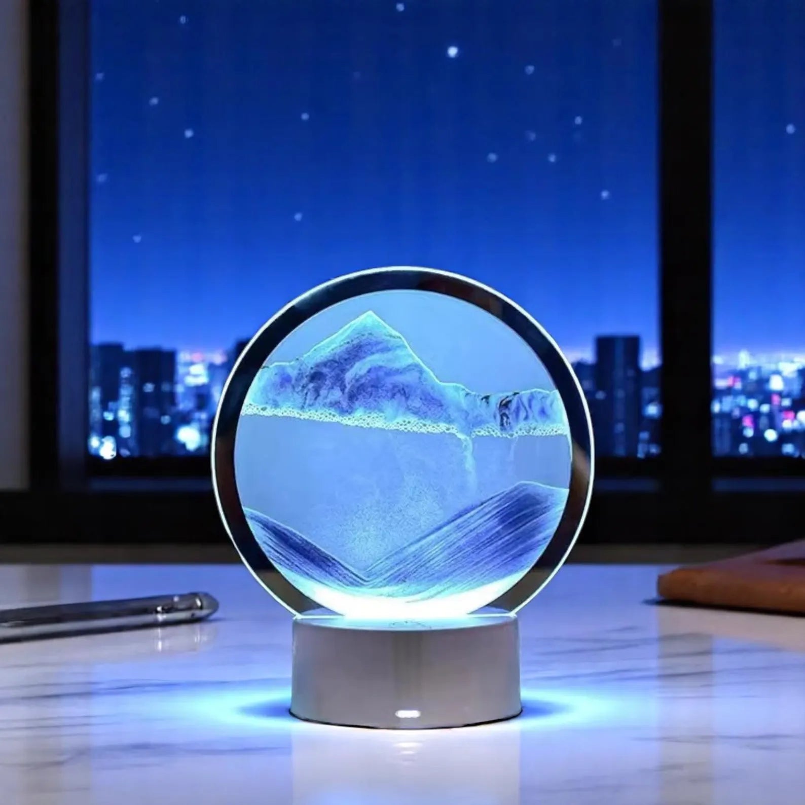 GiftArc 7-Inch LED Sand Art Lamp – 3D Moving Quicksand Hourglass, Glass Body, Chrome Finish, Table Decor Light